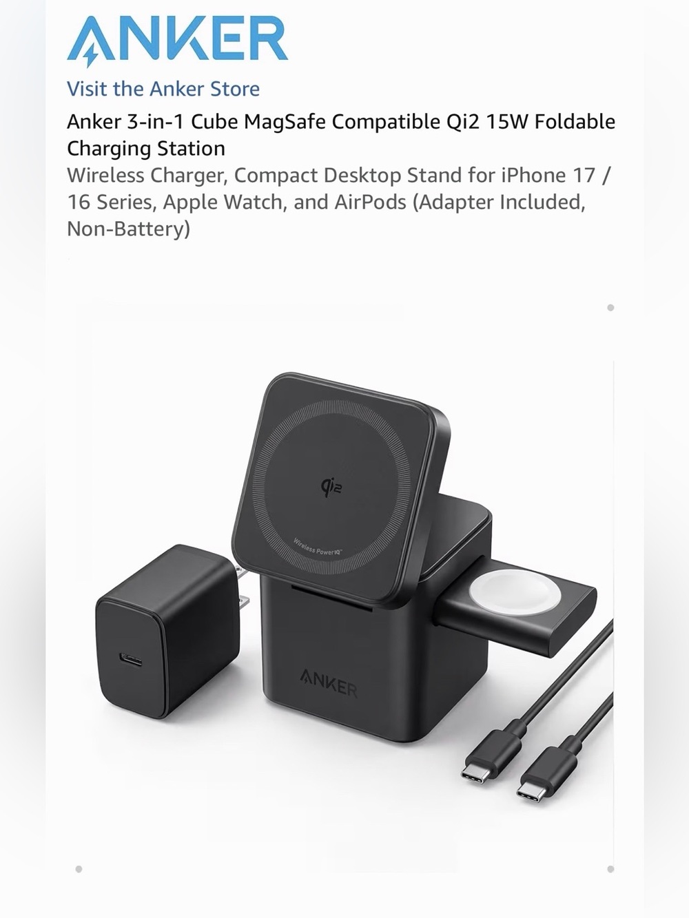 Anker 3-in-1 Cube MagSafe Qi2 15W Foldable Charger – Black - New in Package